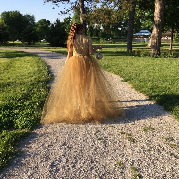 Gold Lace Appliquéd Evening Jumpsuit Prom Gown - Picture 8 of 8